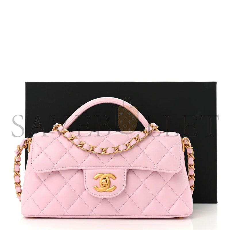 CHANEL LAMBSKIN QUILTED MINI FLAP TOP HANDLE BAG LIGHT PINK (20*14*5.6cm) 